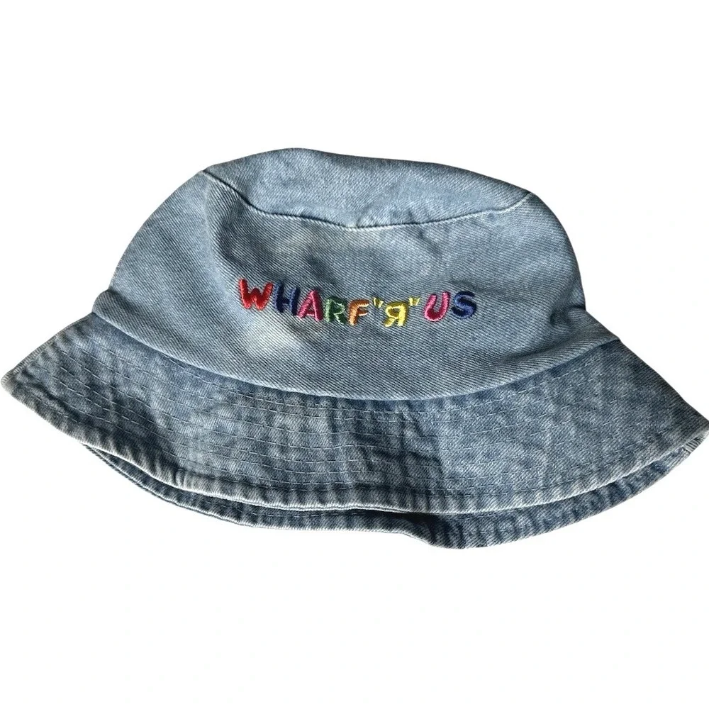 Y2K 2000s Vintage Denim Bucket‎ Hat Embroidered Wharf R Us Streetwear Throwback